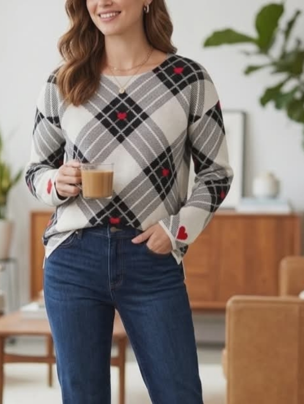 Tahari Beige  Sz L Plaid Crewneck Sweater with Red Heart Motif
